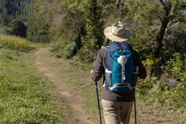 Pilgrim walker with backpack and scallop shell on a sunny rural path on the Camino de Santiago walking holiday, Spain